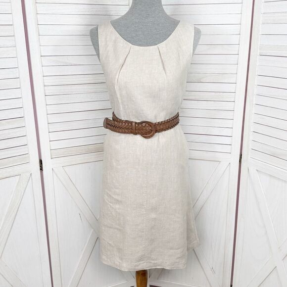 Tahari Linen Sleeveless A Line Dress Tan Beige 8 Knee Length - Picture 1 of 11